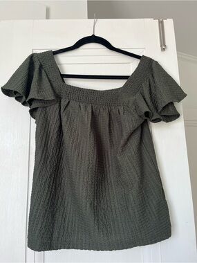 LOFT Olive Green Smocked Square Neck Flutter-Sleeve Top